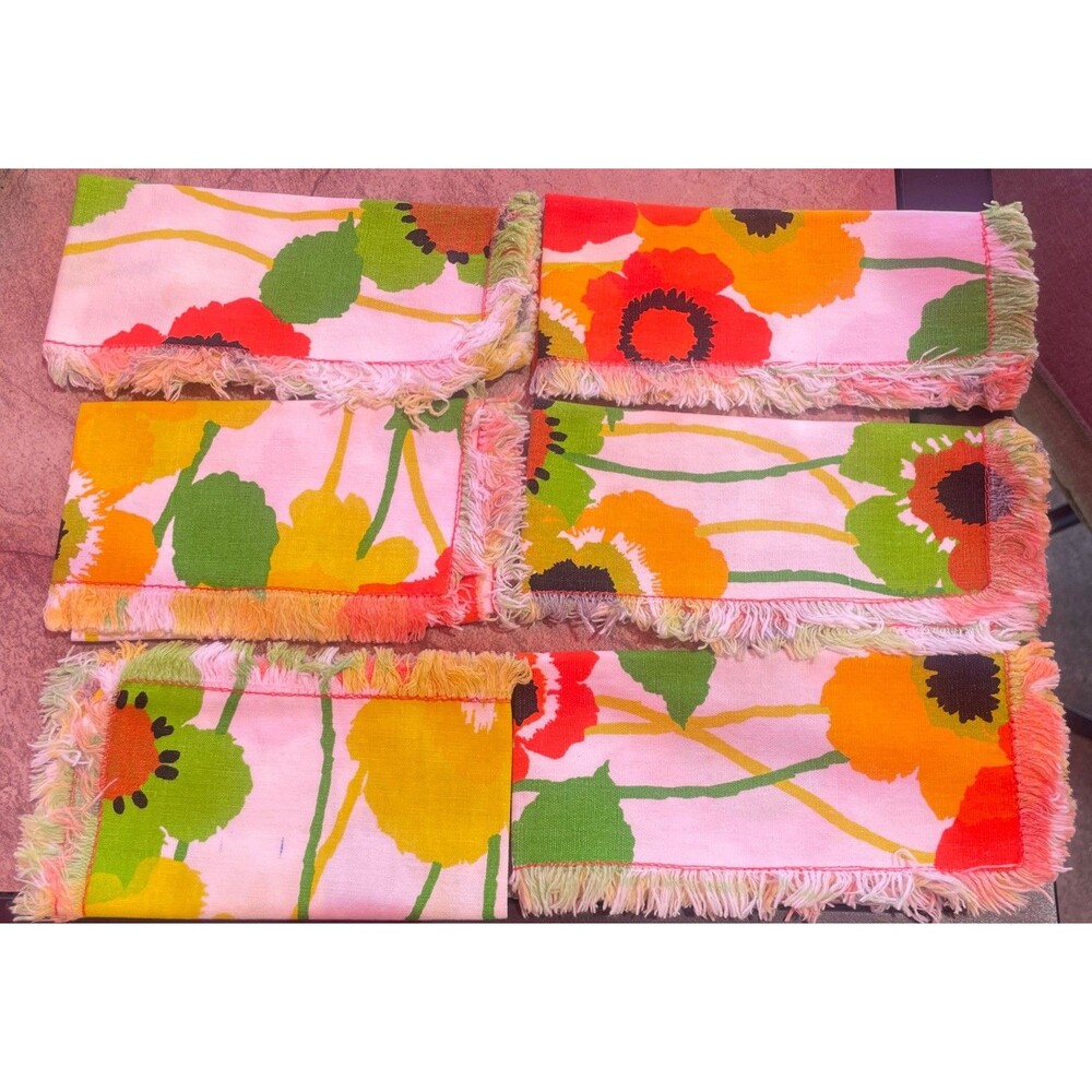 RETRO Table NAPKINS VINTAGE MCM Flower Power Cloth Orange Yellow Mod Fringe 6